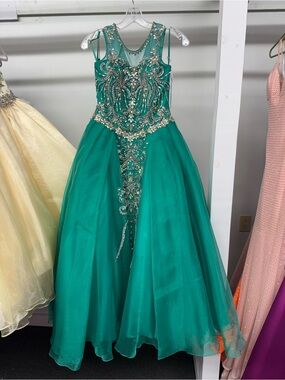 Girls Teal Embellished Tulle Ball Gown Dress